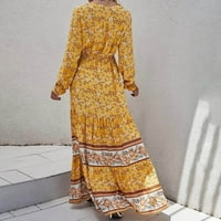 Zunfeo ženska haljina - maxi haljina V izrez Fit & Flare haljina Bohemia Flowing haljina s dugim rukavima, žuta 2