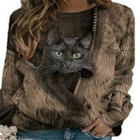 Grianlook Women TEE Crew Crew Majica Cat Print T Majica Dame Labavi tunik Bluza Basic Dugi rukav pulover