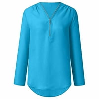 Bluzes Košulje bavi se čišćenjem Žene ljetne majice dugih rukava Zip Ležerne prilike TUNIC V-izrez Bluza za vrat na vrhu nebesko plavo
