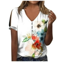 Bluze za žene Ženska ljetna moda V izrez Print šuplje majica kratkih rukava TOP TOPS Ladies Top White