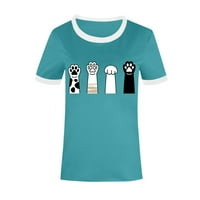B91XZ Ženske vrhove Ljeto Žene Casual Crew izrez za bluzu kratkih rukava Boja mačka Scratch Print uzorak majica Bijela, XL