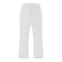 Capri pantalone za žene Ljeto Čvrsto pamučne posteljine casual obrezirane pantalone nacrtavaju elastrični struk plaže Capris ženske ravno-noge Capri hlače sa džepovima, bijeli & xxl