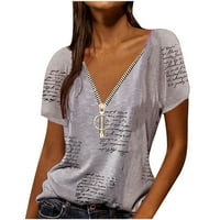 Ljetne modne bluze za žene tiskane V izrez kratkih rukava kratkih rukava TEE Polovina Zip Regular Leaveos