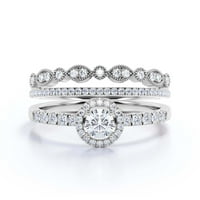 Zasljepljujući minimalistički 2. katamanski ručni rez dijamantski prsten, vjenčani prsten, dva podudarna traka u 10k čvrsto bijelo zlato, poklon za njen, srebrni, halo trio set prstena, obećaj