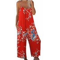 Stamzod Jumpsuits za žene Print kombinezon Pajamas Ležerne prilike sa širokim nogama duge hlače crveno