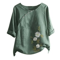 Ženski okrugli vrhovi vrata Jesen Majica kratkih rukava Botaničkim printom pamučna posteljina Vintage majica 4xl
