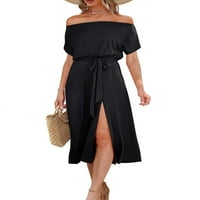 Voguele Ladies midi haljina kratki rukav ljetni plažni sandress off rame haljine zabava linijska svijetlo