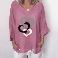 TOQOT majice s dugim rukavima za žene - V-izrez tunika Bluze Ležerne pamučne posteljine tiskane žene padajuće boje ružičaste veličine 4xl
