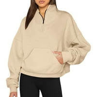 SKSLOEG ženski zip pulover V izrez dugih rukava obrezana dukserica lagana smeđi vrh, kaki m