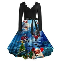 Božićna ženska haljina za čaj s dugim rukavima V vrat haljina s kaišom Swing Party Retro haljina plus veličina crna