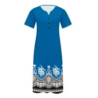 Ženska ljetna proljeća Ležerna V-izrez za ispis na džepu labava sredina haljina s gumbima plava s