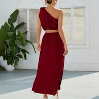 Zunfeo Ljetne haljine za žensko odobrenje - bez rukava odmora za odmor seksi vrhovi i suknje Jedno rameni majčin dan poklon čvrstoj haljini crveni xl