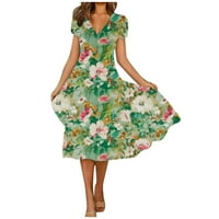 Ženska ljetna casual moda cvjetni ispis kratkih rukava s V-izrezom Swing haljina L