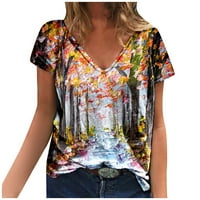 Plus size majice kratkih rukava za žene Ljeto cvjetni print v vrhovi izreza modna redovita labava fit comfy majica bluza narančasta