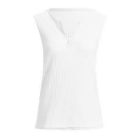 Huaai T majice za žene Ženska moda V izrez majice bez rukava od punog vafla pletiva labav ugradnja tee vrhova bijela l