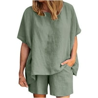 Plus veličine vrhova čišćenje Žene Ljeto okrugli vrat kratkih rukava i kratke hlače Dvije postavljene odijelo vojska zelena 6