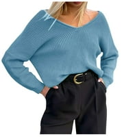 Duboko V izrez Dukseri za žene s dugim rukavima ramena puna boja casual labav pleteni džemper kukičari zimske pletive