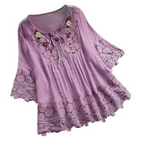 ShldyBC ženske majice za rušenje rukavska čipka V izrez Boja blok Dressy Tops trendy šuplji cvjetni