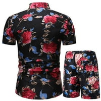 ECQKAME MENS Havajski setovi za čišćenje muškaraca tipke za ispis kratkih rukava casual plaža majica vrhovi nosača kratke hlače postavljene crne l
