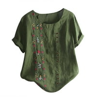 Pergaug pamuk plus veličine za žene lavande cvijeće tiskane pamučne i posteljine labave košulje Ženske vrhove Vojska zelena 4xl