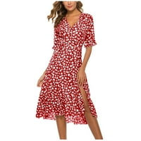 Ženske haljine Žene Ležerne prilike V izrez Cvijet kratkih rukava Strockppy čipka duga haljina za žene crvene m