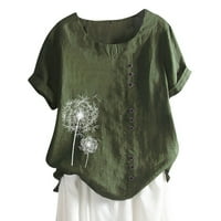 Žene Ljeto pamučno posteljina majica Trendy maslačak Print casual labavi fit tunika Tee Lady Plus size Crewneck bluza Armijska zelena s