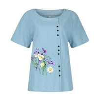 Ženske vrhove bluza Žene kratki rukav Ležerne prilike Floralne modne košulje posade Plava 2xl