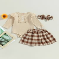 Dojenčad za bebe Girl Pad kombinezon, puni boja ruffled dugi rukav rukav + plairan a-line suknja + luk traka za glavu