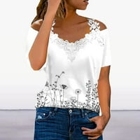 MLQIDK Womens Ljeto V izrez čipkaste patchwork hladne rame Tors T majice s kratkim rukavima cvjetni ispisani bluze