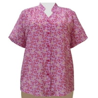 Ženska plus veličina kratkih rukava mandarinski ovratnik V-izrez bluza za bluzu sa širingom - ružičasta