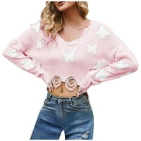 Jeseni džemperi za žene kratki obrezirani pleteni uzorak uzorak V vrat pulover Pink XL