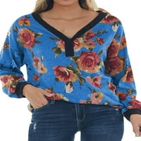 ZDCDCD Ženska uboda V izrez s dugim rukavima cvjetni ispisani džemper T-majica Radna odjeća Slobodno vrijeme