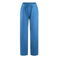 Široke posteljine za noge za žene nacrtavanje elastičnih struka povlačenja pantalona sa džepovima Casual Solid hlače uzorak pamučne posteljine duge hlače pune dužine lounge hlače pantalone plave s