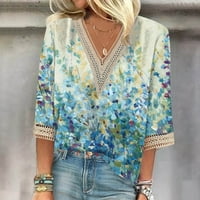 Apepal ženske majice u rukavu u obliku rukava u čipku V izrez Boja blok Dressy Tops Trendy šuplji cvjetni bluze T majice Plavi l