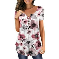 TKLPEHG Ljetne ženske majice kratkih rukava na tasterima V izrez Sakrij trbušni tunik vrhovi trendi cvjetni ispis slatka Flowy duga Henleyji košulja labava bluza Pink XL