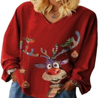 Ženska božićna rukava s dugim rukavima, majica Ležerne prilike V-izrezom
