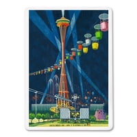 Seattle, Washington, Sajam svemirske igle, vintage putni oglas, lampionska preša, premium igraće karte,