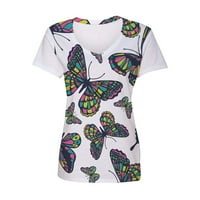Bijela bluza za žensku modnu ženu kauzalna bluza za ispis V-izrez kratki rukav majica ljetnih vrhova leptir tiskane prevelike majice za žene, bijele, xl