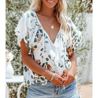 Bluza Boho, ženska majica Soft V izrez cvjetni otisnuta za dom za roštilje za ljeto za ured bijeli 2xl