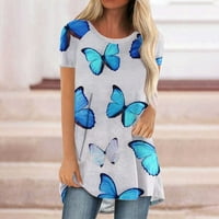 Ljetne košulje za žene labave fit bluze Leptir tiskanje kratkih rukava, okrugli vrat pulover srušive ležerne za gajine majice svijetlo plavi s rolacima