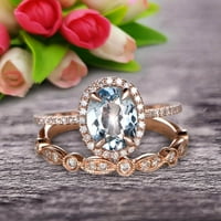 2. Karatni okrugli rez Aquamarine za mladenski prsten sa odgovarajućim vjenčanim opsegom na 10k ružičastog zlatnog Art Deco, obećajući prsten, obljetni prsten