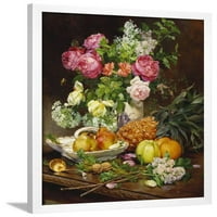 Ruže u vazi, kruške u porculanskom zdjelu i voće na hrastovom stolu, botanička uramljena umjetnost Zidna