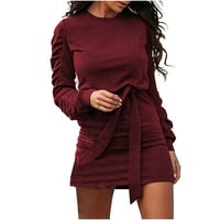 Dress Zpanxa Maxi za žene Modne žene Jesen Solid Belt dugi rukav prozirni O-izrez Mini izleti Duge suknje za žene oblače crvene s