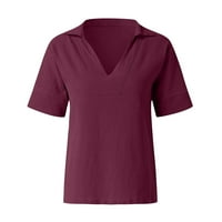 Ženska Split V izrez Loop Fit kratki rukav Puni boja Bluze Ljetne povremene pamučne posteljine majice