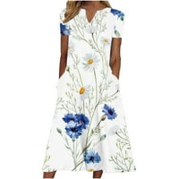 Ženska cvjetna haljina maxi duge haljine V-izrez kratki rukav swing haljina s džepovima bijela veličina s