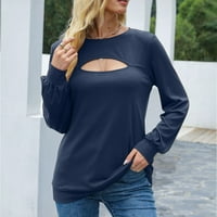 Košulje za žene Grafičke majice Čvrsta boja na dugim rukavima Okrugli izrez šuplji vrh majica s dugim rukavima na dugim rukavima