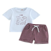 Suaumret Kids Boys Ljetni vrhovi Kratke hlače Postavlja kratki rukav Dinosaur Print majica Striped Hratke za odjeću Ljeto odijelo Bijele 4- godine