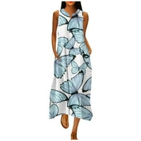Ljetne haljine za žene V-izrez Slatka tiskana dužina gležnja A-line Club haljina bez rukava plavi s