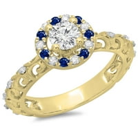 0. Carat 10k žuti zlatni okrugli rez plavi safir i bijeli dijamantski dame Bridal Vintage Halo Style