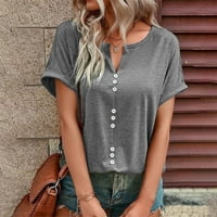 Modne žene Casual Solid V izrez Loose gumb Kratki rukav T majice Ljetni vrhovi siva